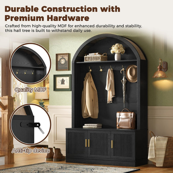 English Elm Farmhouse Fluted Cabinet Hall Tree with Arched Fabric Top Bench and Five Metal Hooks Black N721P473132B