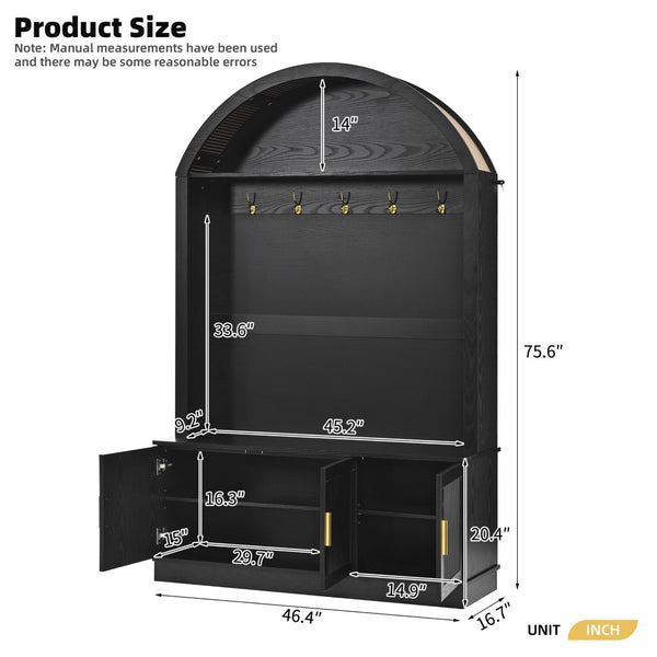 English Elm Farmhouse Fluted Cabinet Hall Tree with Arched Fabric Top Bench and Five Metal Hooks Black N721P473132B