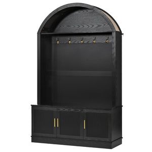 English Elm Farmhouse Fluted Cabinet Hall Tree with Arched Fabric Top Bench and Five Metal Hooks Black N721P473132B