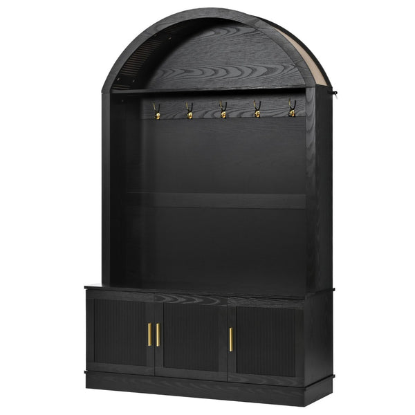 English Elm Farmhouse Fluted Cabinet Hall Tree with Arched Fabric Top Bench and Five Metal Hooks Black N721P473132B
