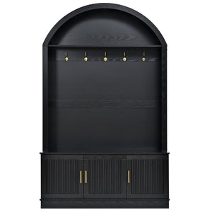 English Elm Farmhouse Fluted Cabinet Hall Tree with Arched Fabric Top Bench and Five Metal Hooks Black N721P473132B