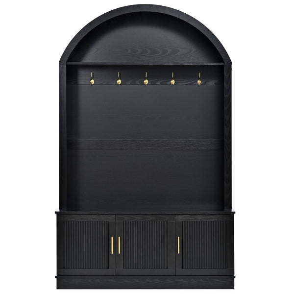 English Elm Farmhouse Fluted Cabinet Hall Tree with Arched Fabric Top Bench and Five Metal Hooks Black N721P473132B