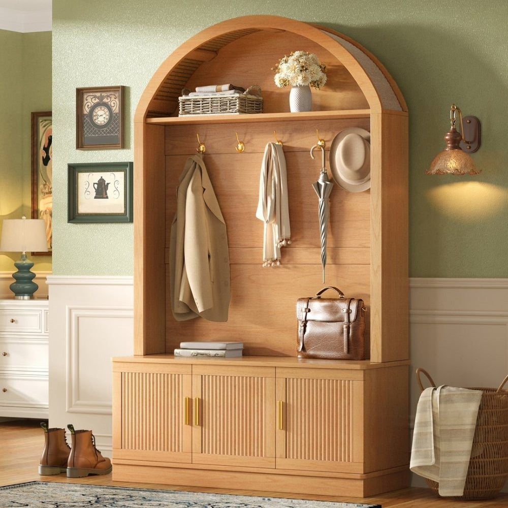 English Elm Farmhouse Fluted Cabinet Hall Tree with Arched Fabric Top Bench and Five Metal Hooks Natural N721P473132D