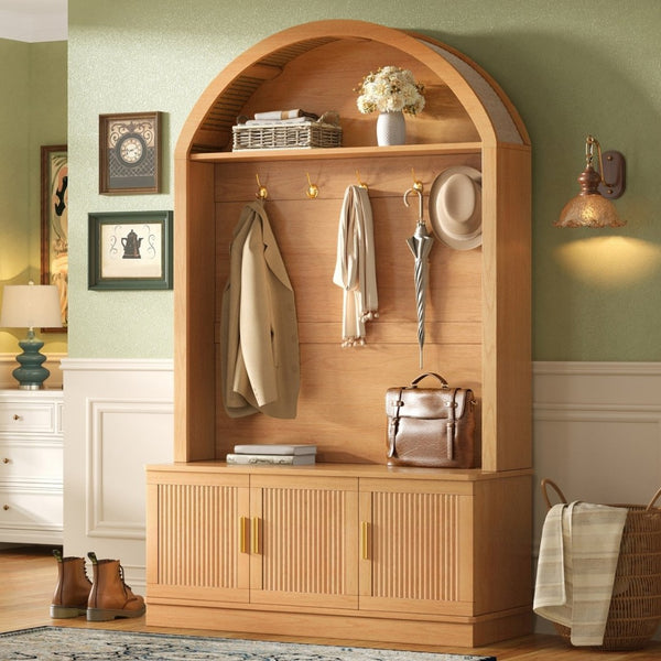 English Elm Farmhouse Fluted Cabinet Hall Tree with Arched Fabric Top Bench and Five Metal Hooks Natural N721P473132D