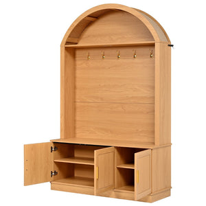 English Elm Farmhouse Fluted Cabinet Hall Tree with Arched Fabric Top Bench and Five Metal Hooks Natural N721P473132D