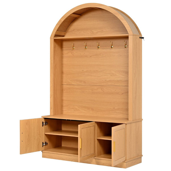 English Elm Farmhouse Fluted Cabinet Hall Tree with Arched Fabric Top Bench and Five Metal Hooks Natural N721P473132D