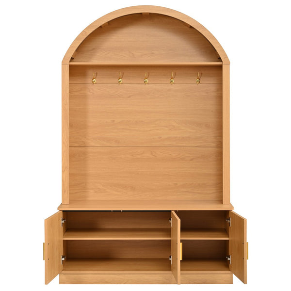 English Elm Farmhouse Fluted Cabinet Hall Tree with Arched Fabric Top Bench and Five Metal Hooks Natural N721P473132D