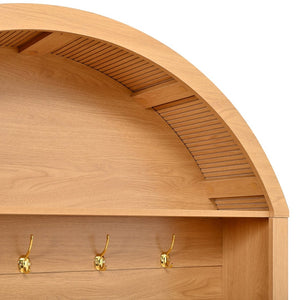 English Elm Farmhouse Fluted Cabinet Hall Tree with Arched Fabric Top Bench and Five Metal Hooks Natural N721P473132D