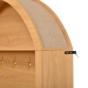 English Elm Farmhouse Fluted Cabinet Hall Tree with Arched Fabric Top Bench and Five Metal Hooks Natural N721P473132D