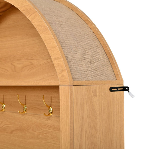 English Elm Farmhouse Fluted Cabinet Hall Tree with Arched Fabric Top Bench and Five Metal Hooks Natural N721P473132D