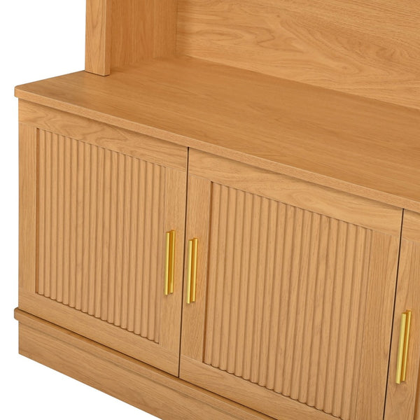 English Elm Farmhouse Fluted Cabinet Hall Tree with Arched Fabric Top Bench and Five Metal Hooks Natural N721P473132D