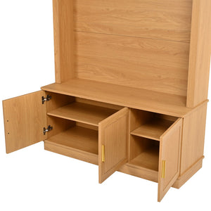 English Elm Farmhouse Fluted Cabinet Hall Tree with Arched Fabric Top Bench and Five Metal Hooks Natural N721P473132D