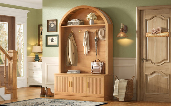 English Elm Farmhouse Fluted Cabinet Hall Tree with Arched Fabric Top Bench and Five Metal Hooks Natural N721P473132D