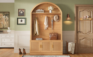 English Elm Farmhouse Fluted Cabinet Hall Tree with Arched Fabric Top Bench and Five Metal Hooks Natural N721P473132D