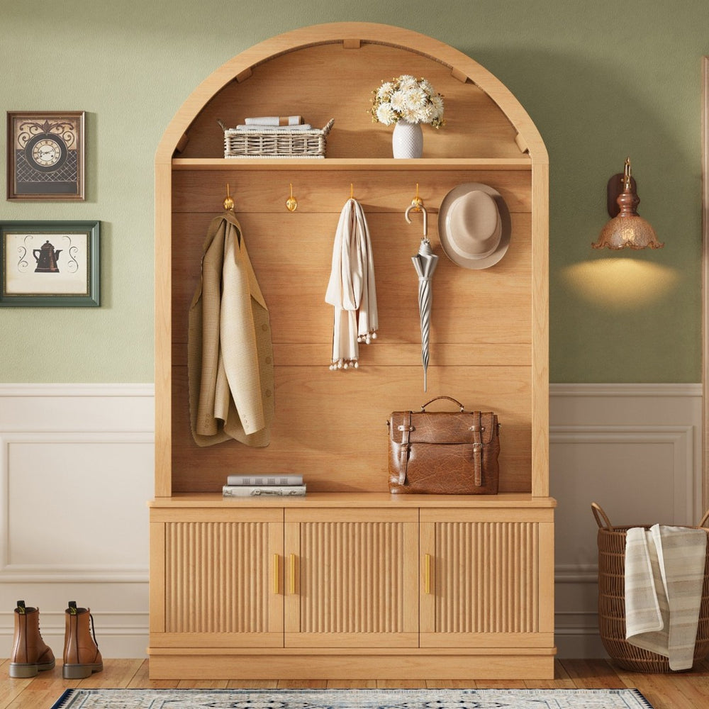 English Elm Farmhouse Fluted Cabinet Hall Tree with Arched Fabric Top Bench and Five Metal Hooks Natural N721P473132D