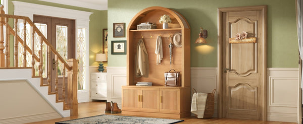 English Elm Farmhouse Fluted Cabinet Hall Tree with Arched Fabric Top Bench and Five Metal Hooks Natural N721P473132D