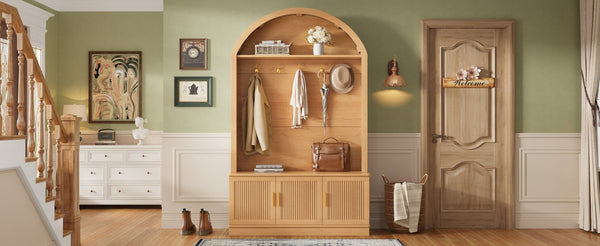 English Elm Farmhouse Fluted Cabinet Hall Tree with Arched Fabric Top Bench and Five Metal Hooks Natural N721P473132D