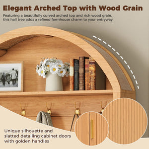English Elm Farmhouse Fluted Cabinet Hall Tree with Arched Fabric Top Bench and Five Metal Hooks Natural N721P473132D