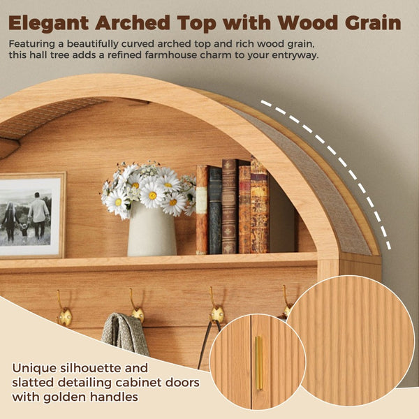 English Elm Farmhouse Fluted Cabinet Hall Tree with Arched Fabric Top Bench and Five Metal Hooks Natural N721P473132D