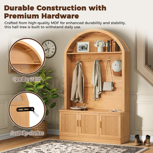 English Elm Farmhouse Fluted Cabinet Hall Tree with Arched Fabric Top Bench and Five Metal Hooks Natural N721P473132D