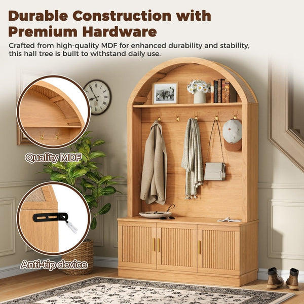 English Elm Farmhouse Fluted Cabinet Hall Tree with Arched Fabric Top Bench and Five Metal Hooks Natural N721P473132D
