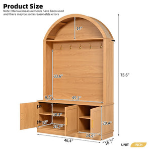 English Elm Farmhouse Fluted Cabinet Hall Tree with Arched Fabric Top Bench and Five Metal Hooks Natural N721P473132D