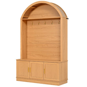 English Elm Farmhouse Fluted Cabinet Hall Tree with Arched Fabric Top Bench and Five Metal Hooks Natural N721P473132D