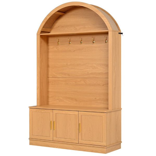 English Elm Farmhouse Fluted Cabinet Hall Tree with Arched Fabric Top Bench and Five Metal Hooks Natural N721P473132D