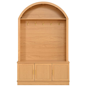 English Elm Farmhouse Fluted Cabinet Hall Tree with Arched Fabric Top Bench and Five Metal Hooks Natural N721P473132D