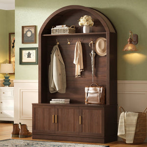 English Elm Farmhouse Fluted Cabinet Hall Tree with Arched Fabric Top Bench and Five Metal Hooks Walnut N721P473132P