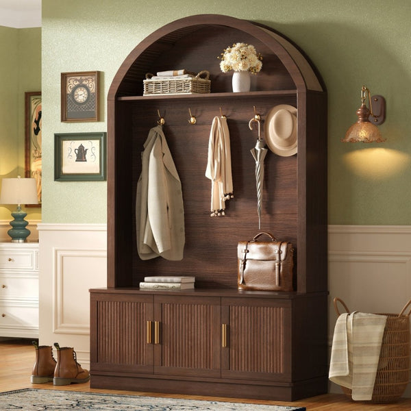 English Elm Farmhouse Fluted Cabinet Hall Tree with Arched Fabric Top Bench and Five Metal Hooks Walnut N721P473132P
