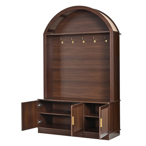 English Elm Farmhouse Fluted Cabinet Hall Tree with Arched Fabric Top Bench and Five Metal Hooks Walnut N721P473132P