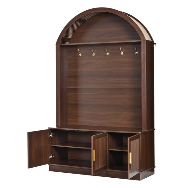English Elm Farmhouse Fluted Cabinet Hall Tree with Arched Fabric Top Bench and Five Metal Hooks Walnut N721P473132P