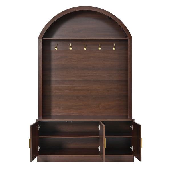 English Elm Farmhouse Fluted Cabinet Hall Tree with Arched Fabric Top Bench and Five Metal Hooks Walnut N721P473132P