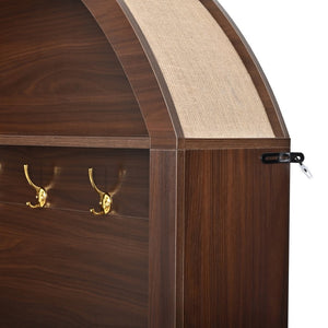English Elm Farmhouse Fluted Cabinet Hall Tree with Arched Fabric Top Bench and Five Metal Hooks Walnut N721P473132P
