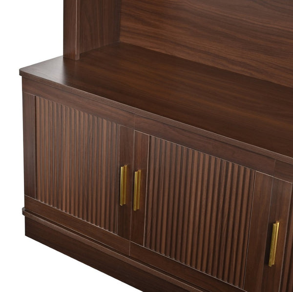 English Elm Farmhouse Fluted Cabinet Hall Tree with Arched Fabric Top Bench and Five Metal Hooks Walnut N721P473132P
