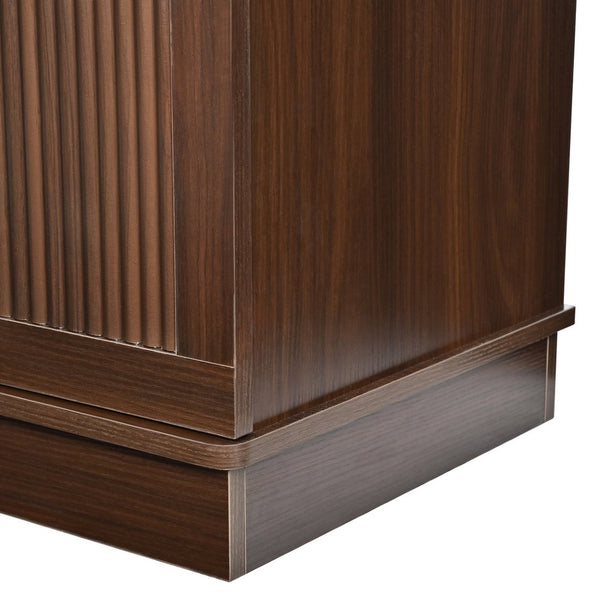 English Elm Farmhouse Fluted Cabinet Hall Tree with Arched Fabric Top Bench and Five Metal Hooks Walnut N721P473132P
