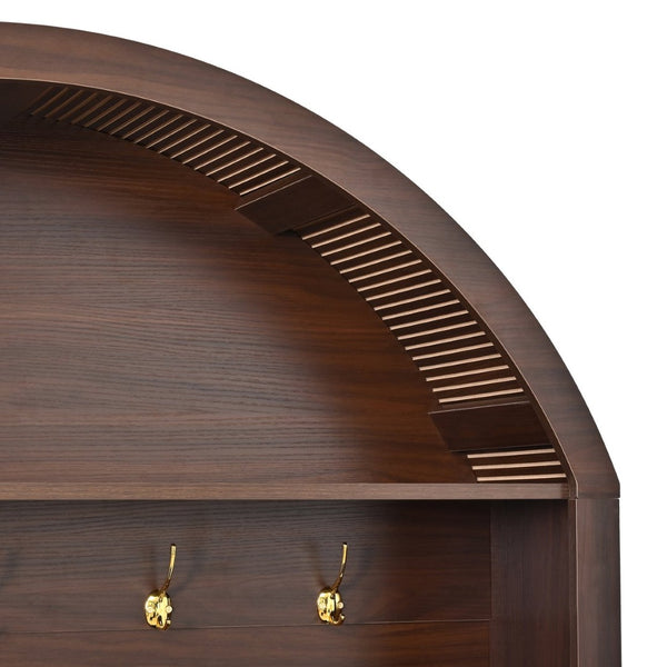 English Elm Farmhouse Fluted Cabinet Hall Tree with Arched Fabric Top Bench and Five Metal Hooks Walnut N721P473132P
