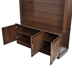 English Elm Farmhouse Fluted Cabinet Hall Tree with Arched Fabric Top Bench and Five Metal Hooks Walnut N721P473132P