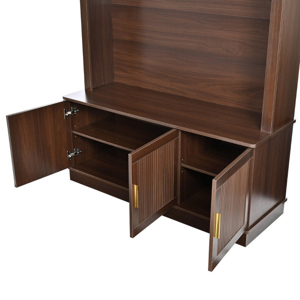 English Elm Farmhouse Fluted Cabinet Hall Tree with Arched Fabric Top Bench and Five Metal Hooks Walnut N721P473132P