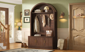 English Elm Farmhouse Fluted Cabinet Hall Tree with Arched Fabric Top Bench and Five Metal Hooks Walnut N721P473132P