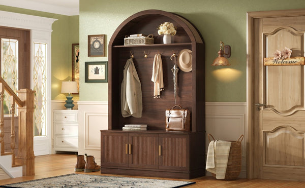 English Elm Farmhouse Fluted Cabinet Hall Tree with Arched Fabric Top Bench and Five Metal Hooks Walnut N721P473132P