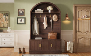 English Elm Farmhouse Fluted Cabinet Hall Tree with Arched Fabric Top Bench and Five Metal Hooks Walnut N721P473132P