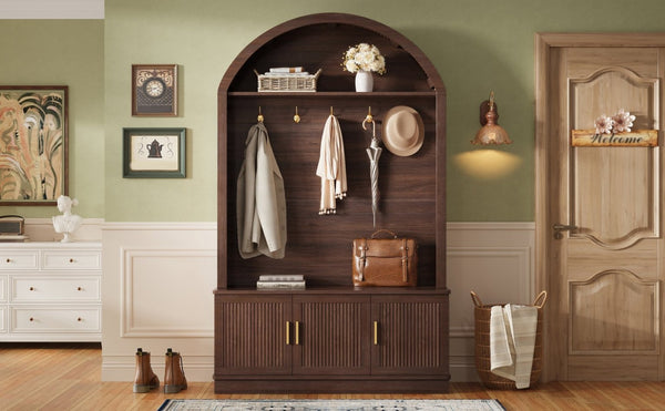 English Elm Farmhouse Fluted Cabinet Hall Tree with Arched Fabric Top Bench and Five Metal Hooks Walnut N721P473132P