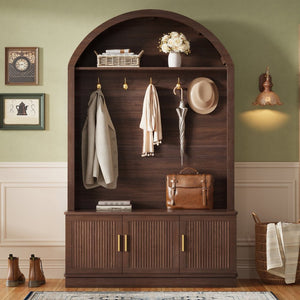 English Elm Farmhouse Fluted Cabinet Hall Tree with Arched Fabric Top Bench and Five Metal Hooks Walnut N721P473132P