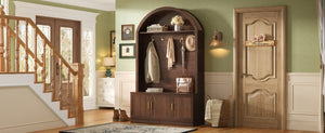 English Elm Farmhouse Fluted Cabinet Hall Tree with Arched Fabric Top Bench and Five Metal Hooks Walnut N721P473132P