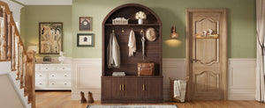 English Elm Farmhouse Fluted Cabinet Hall Tree with Arched Fabric Top Bench and Five Metal Hooks Walnut N721P473132P