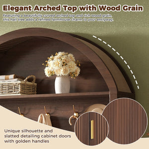 English Elm Farmhouse Fluted Cabinet Hall Tree with Arched Fabric Top Bench and Five Metal Hooks Walnut N721P473132P