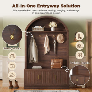 English Elm Farmhouse Fluted Cabinet Hall Tree with Arched Fabric Top Bench and Five Metal Hooks Walnut N721P473132P