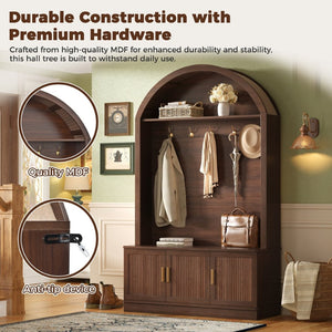English Elm Farmhouse Fluted Cabinet Hall Tree with Arched Fabric Top Bench and Five Metal Hooks Walnut N721P473132P